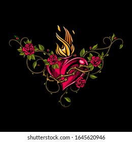 Sacred heart with floral arrangement. Colorful vector illustration of flaming heart with crown of thorns and roses ornament in engraving technique. Good for stickers, t-shirt prints, banners, icons.