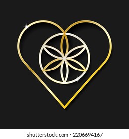 Sacred Heart, sacred geometry, heart based on seed of life, golden on black background