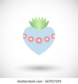 Sacred heart icon. Flat design of flaming heart with plant and flowers with round shadow. Vector illustration