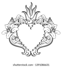 Sacred heart of Jesus. Beautiful ornamental heart with lilies, crown in black color isolated on white background. Vector illustration.