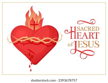 sacred heart of jesus card, vector design with heart, crown of thorns and flame.