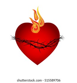 Sacred Heart of Jesus Christ, with flame and crown of thorns. Color vector illustration.