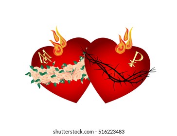 Sacred Heart of Jesus Christ and Immaculate Heart of Virgin Mary, Mother of God, with thorns, roses and flames. Traditional catholic color vector illustration.