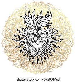 Sacred Heart of Jesus over golden mandala. Vector illustration black isolated on white. Trendy Vintage style element. Spirituality, occultism, alchemy, magic, love. Coloring book for adults.