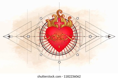 Sacred Heart of Jesus with rays. Vector illustration in red and gold isolated. Trendy Vintage style element. Spirituality, religion, Catholicism, Christianity, occultism, alchemy, magic, love.