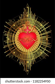 Sacred Heart of Jesus with rays. Vector illustration in red and gold isolated. Trendy Vintage style element. Spirituality, religion, Catholicism, Christianity, occultism, alchemy, magic, love.
