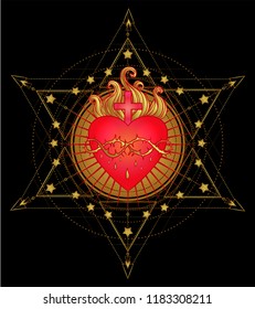 Sacred Heart of Jesus with rays. Vector illustration in red and gold isolated. Trendy Vintage style element. Spirituality, religion, Catholicism, Christianity, occultism, alchemy, magic, love.