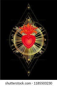 Sacred Heart of Jesus with rays. Vector illustration in red and gold isolated. Trendy Vintage style element. Spirituality, religion, Catholicism, Christianity, occultism, alchemy, magic, love.