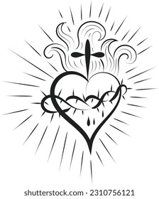 Sacred Heart Of Jesus With Rays Vector  Illustration for print or use as poster, flyer, card, tattoo or T Shirt