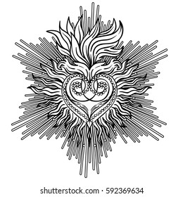 Sacred Heart of Jesus with rays. Vector illustration black isolated on white. Trendy Vintage style element. Spirituality, occultism, alchemy, magic, love. Coloring book for adults.