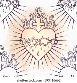 Sacred Heart of Jesus. Seamless pattern. Vector illustration. Trendy Vintage style element. Wrapping paper, religion, Christianity, philosophy, spirituality, alchemy, magic, love. Design tattoo art.