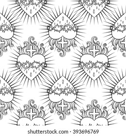 Sacred Heart of Jesus. Seamless pattern. Vector illustration. Trendy Vintage style element. Wrapping paper, religion, Christianity, philosophy, spirituality, alchemy, magic, love. Coloring book page.