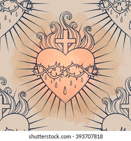 Sacred Heart of Jesus. Seamless pattern. Vector illustration. Trendy Vintage style element. Wrapping paper, religion, Christianity, philosophy, spirituality, alchemy, magic, love. Design tattoo art.