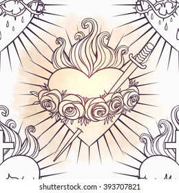 Sacred Heart of Jesus. Seamless pattern. Vector illustration. Trendy Vintage style element. Wrapping paper, religion, Christianity, philosophy, spirituality, alchemy, magic, love. Design tattoo art.