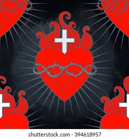 Sacred Heart of Jesus. Seamless pattern. Vector illustration. Trendy Vintage style element. Wrapping paper, religion, Christianity, philosophy, spirituality, alchemy, magic, love. Design tattoo art.