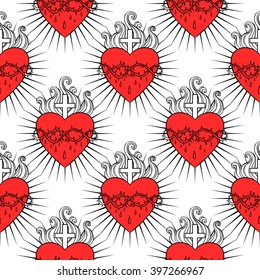 Sacred Heart of Jesus. Seamless pattern. Vector illustration. Trendy Vintage style element. Wrapping paper, religion, Christianity, philosophy, spirituality, alchemy, magic, love. Design tattoo art.