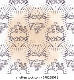 Sacred Heart of Jesus. Seamless pattern. Vector illustration. Trendy Vintage style element. Wrapping paper, religion, Christianity, philosophy, spirituality, alchemy, magic, love. Design tattoo art.