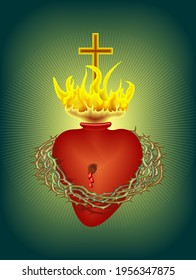 Sacred Heart of Jesus, symbol of the heart surrounded by the crown of thorns, emitting flames, and the Cross above
