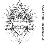 Sacred Heart of Jesus. Vector illustration isolated on white over  geometriy background. Vintage style element. Religion, occultism, alchemy, magic, love. Coloring book for adults.