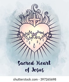 Sacred Heart of Jesus. Vector illustration over vintage background. Trendy Vintage style element. Dark romance, philosophy, spirituality, occultism, alchemy, magic, love. Design tattoo art.