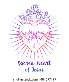 Sacred Heart of Jesus. Vector illustration in vivid colors isolated on white. Trendy Vintage style element. Religion, purity, sacrifice, spirituality, occultism, alchemy, magic, love. Tattoo design.