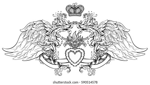 Sacred Heart of Jesus with wings. Vector illustration black isolated on white. Trendy Vintage style element. Spirituality, occultism, alchemy, magic, love. Coloring book for adults. Tattoo design. 