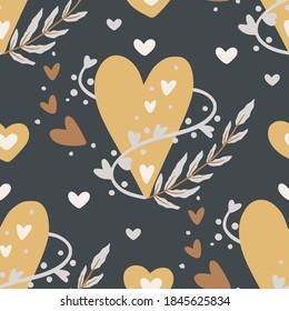 Sacred heart and leaves seamless hand drawn pattern. Boho valentine illustration. Love fashion graphic design.