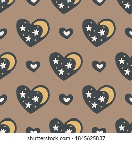 Sacred heart, moon and stars seamless hand drawn pattern. Boho valentine illustration. Love fashion graphic design.