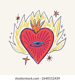 Sacred heart mystical boho hand drawn sketchy style handmade illustration. Trendy bohemian vintage love symbol element in catholic aesthetic Valentines day clipart print
