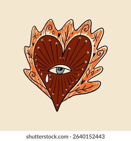 Sacred heart mystical boho hand drawn sketchy style handmade illustration. Trendy bohemian vintage love symbol element in catholic aesthetic Valentines day clipart print