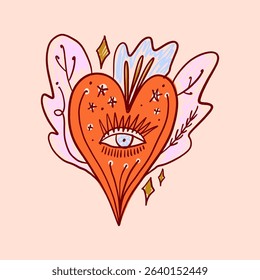 Sacred heart mystical boho hand drawn sketchy style handmade illustration. Trendy bohemian vintage love symbol element in catholic aesthetic Valentines day clipart print
