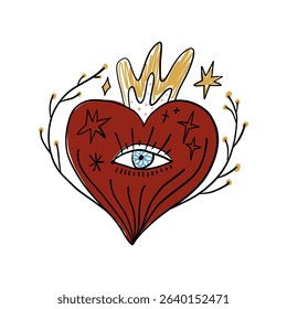 Sacred heart mystical boho hand drawn sketchy style handmade illustration. Trendy bohemian vintage love symbol element in catholic aesthetic Valentines day clipart print