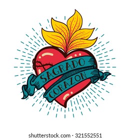 Sacred Heart print old schooll style. Hand drawn vector for T-shirt, vintage  poster with grunge texture.