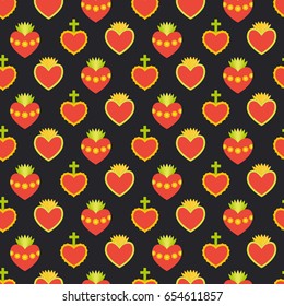 Sacred heart, Seamless pattern with flat design of flaming hearts on the dark background, Vector illustration with swatch inside