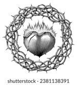 Sacred heart surrounded by a crown of thorns hand draw vintage engraving style