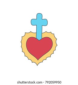 Sacred heart vector icon, Doodle illustration of hand drawn saint flaming heart isolated on the white background