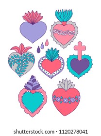 Sacred heart vector set. Doodle illustration of hand drawn saint flaming hearts with plants, flowers, cross and blood drops