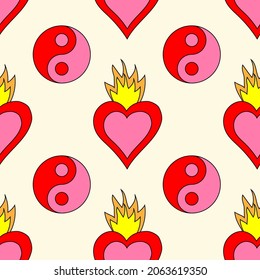 Sacred heart and yin yang seamless pattern vector art.