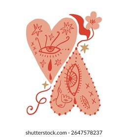 Sacred hearts with eyes and floral elements couple mystical boho hippie groovy hand drawn sketchy handmade blossom flowers heart cartoon vintage style illustration. Trendy bohemian vintage love symbol