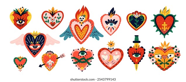 Sacred hearts. Mystical spirit objects. Mexican traditional love symbols. Burning hearts with eyes. Cultural charms. Tattoo design. Muertos skull. Religion cross or knife