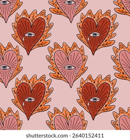 Sacred hearts seamless pattern mystical boho hand drawn sketchy style handmade illustration. Trendy bohemian vintage love symbol element in catholic aesthetic Valentine burning heart day clip-art