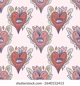 Sacred hearts seamless pattern mystical boho hand drawn sketchy style handmade illustration. Trendy bohemian vintage love symbol element in catholic aesthetic Valentine burning heart day clip-art
