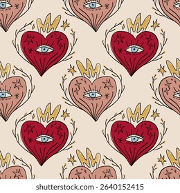Sacred hearts seamless pattern mystical boho hand drawn sketchy style handmade illustration. Trendy bohemian vintage love symbol element in catholic aesthetic Valentine burning heart day clip-art