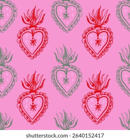 Sacred hearts seamless pattern mystical boho hand drawn sketchy style handmade illustration. Trendy bohemian vintage love symbol element in catholic aesthetic Valentine burning heart day clip-art