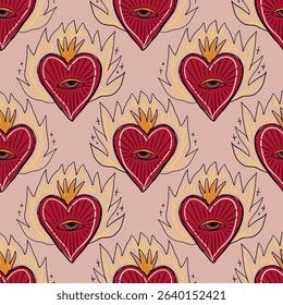 Sacred hearts seamless pattern mystical boho hand drawn sketchy style handmade illustration. Trendy bohemian vintage love symbol element in catholic aesthetic Valentine burning heart day clip-art