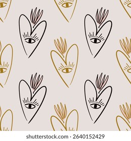 Sacred hearts seamless pattern mystical boho hand drawn sketchy style handmade illustration. Trendy bohemian vintage love symbol element in catholic aesthetic Valentine burning heart day clip-art