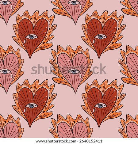 Sacred hearts seamless pattern mystical boho hand drawn sketchy style handmade illustration. Trendy bohemian vintage love symbol element in catholic aesthetic Valentine burning heart day clip-art