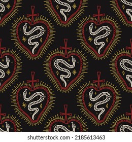 Sacred hearts and snakes inside seamless pattern. Dark boho Mexican saint heart vector clipart. Distressed underground engraving gothic style.