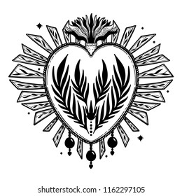 Sacred holy heart Jesus. Sacrament Religion symbol. Mystical icon hand drawn print. Mexico simbol.Vector illustration vintage .