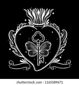 Sacred holy heart Jesus. Sacrament Religion symbol. Mystical icon hand drawn print. Mexico simbol.Vector illustration vintage .